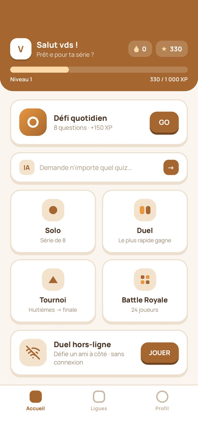 The Quizmonde home screen: daily challenge, AI quiz box and the six game modes.