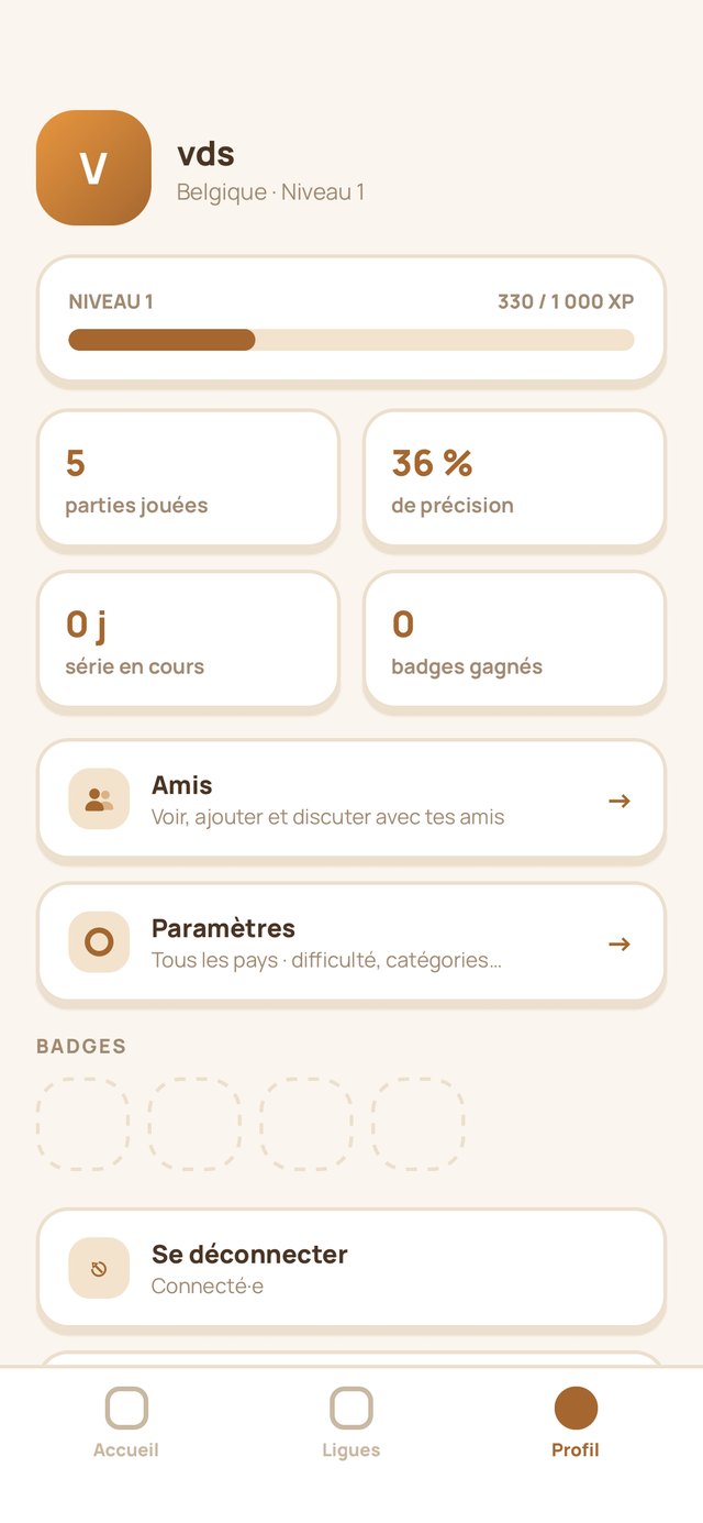 The profile: level, accuracy, day streak and badges.